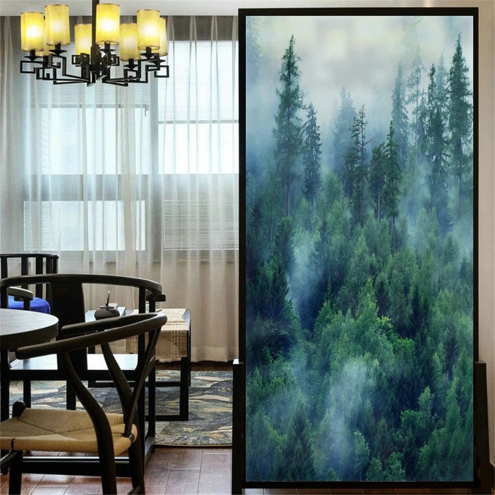 Privacie Windows Film Decorative Forest Stained Glass Window Stickers No Glue Static Cling Frosted Window Cling Window Tint