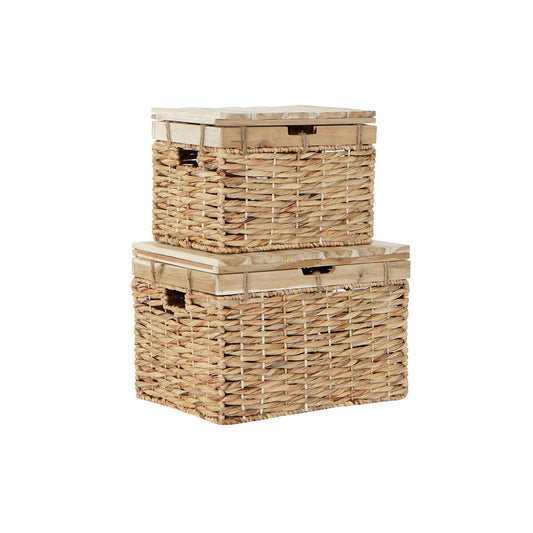 Boho Decorative Storage Boxes — Wood & Natural Rushes (Set of 2)