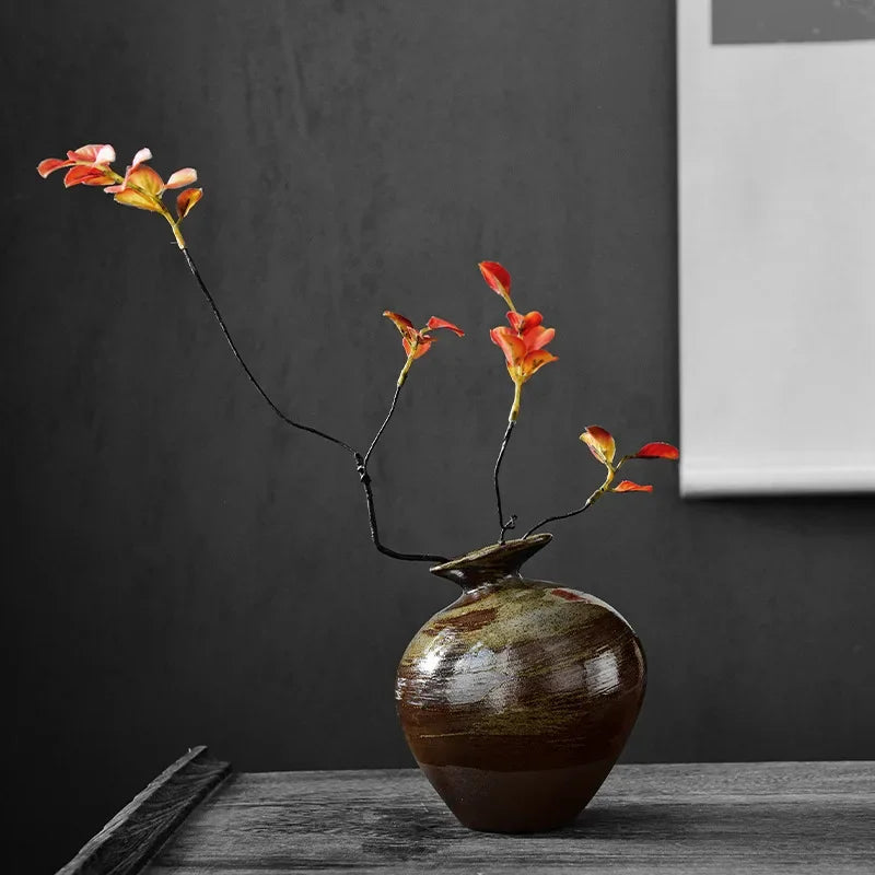 Japanese Style Black Terracotta Vase Imitation Stone Abstract Flower Arranger Table Top Vintage Ornament Living Room Flower Vase