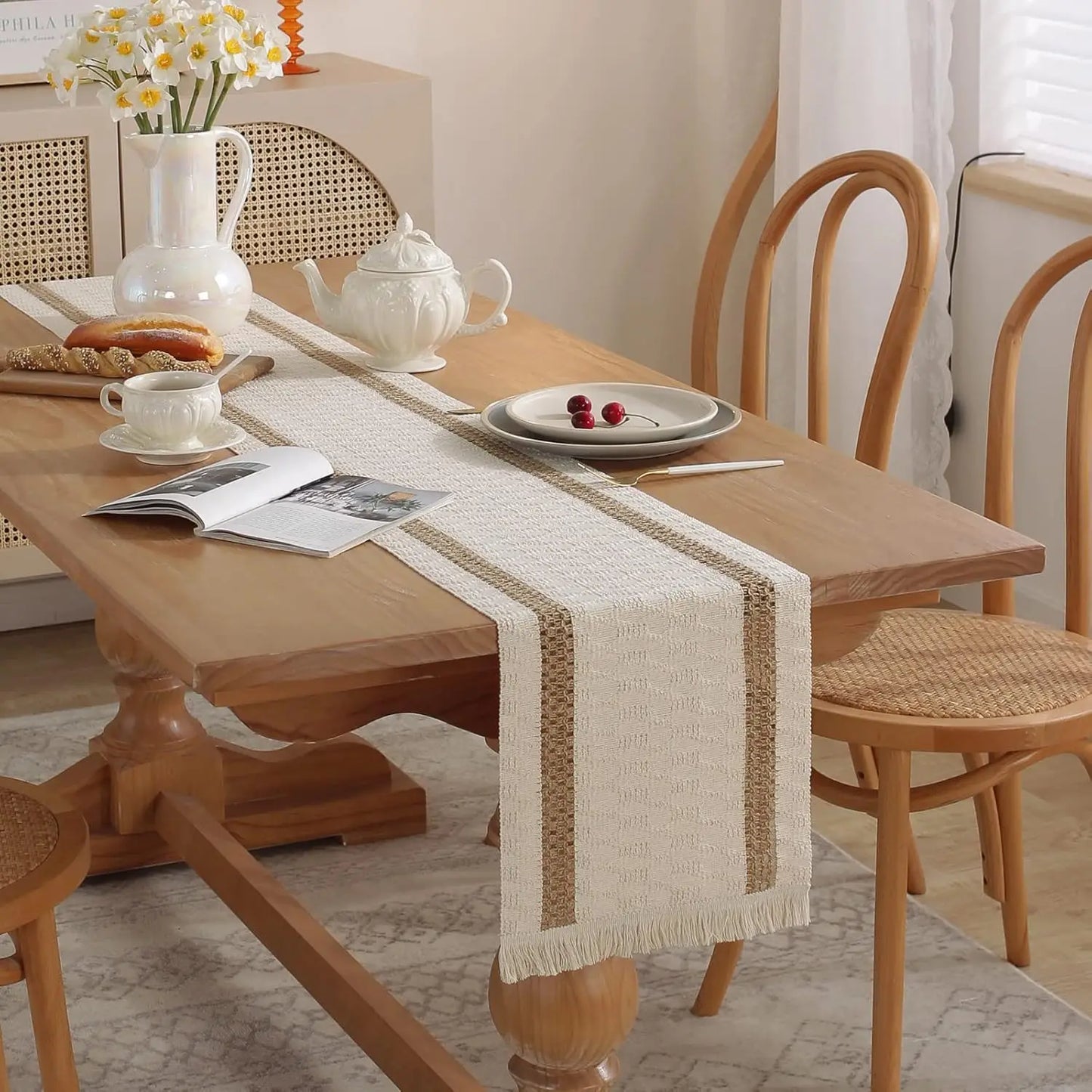 Boho Blue Hemstitch Table Runner – Soft threads of calm and character