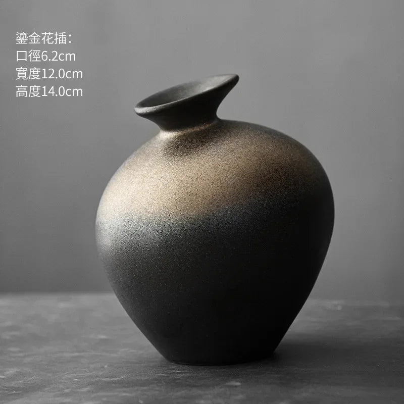 Japanese Style Black Terracotta Vase Imitation Stone Abstract Flower Arranger Table Top Vintage Ornament Living Room Flower Vase