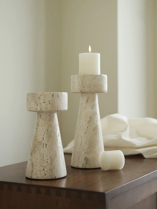 Minimalist Marble Candle Holder for Wedding Party Dinning Vintage Travertine Stone Taper Candlestick Holder for Home Decor