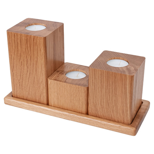 Oiled Oak Candlestick Set — Natural Warmth (Set of 3 with Tray)